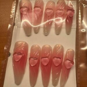 Press On Nails Pink Ombre Heart Accent Stiletto False Nail Set